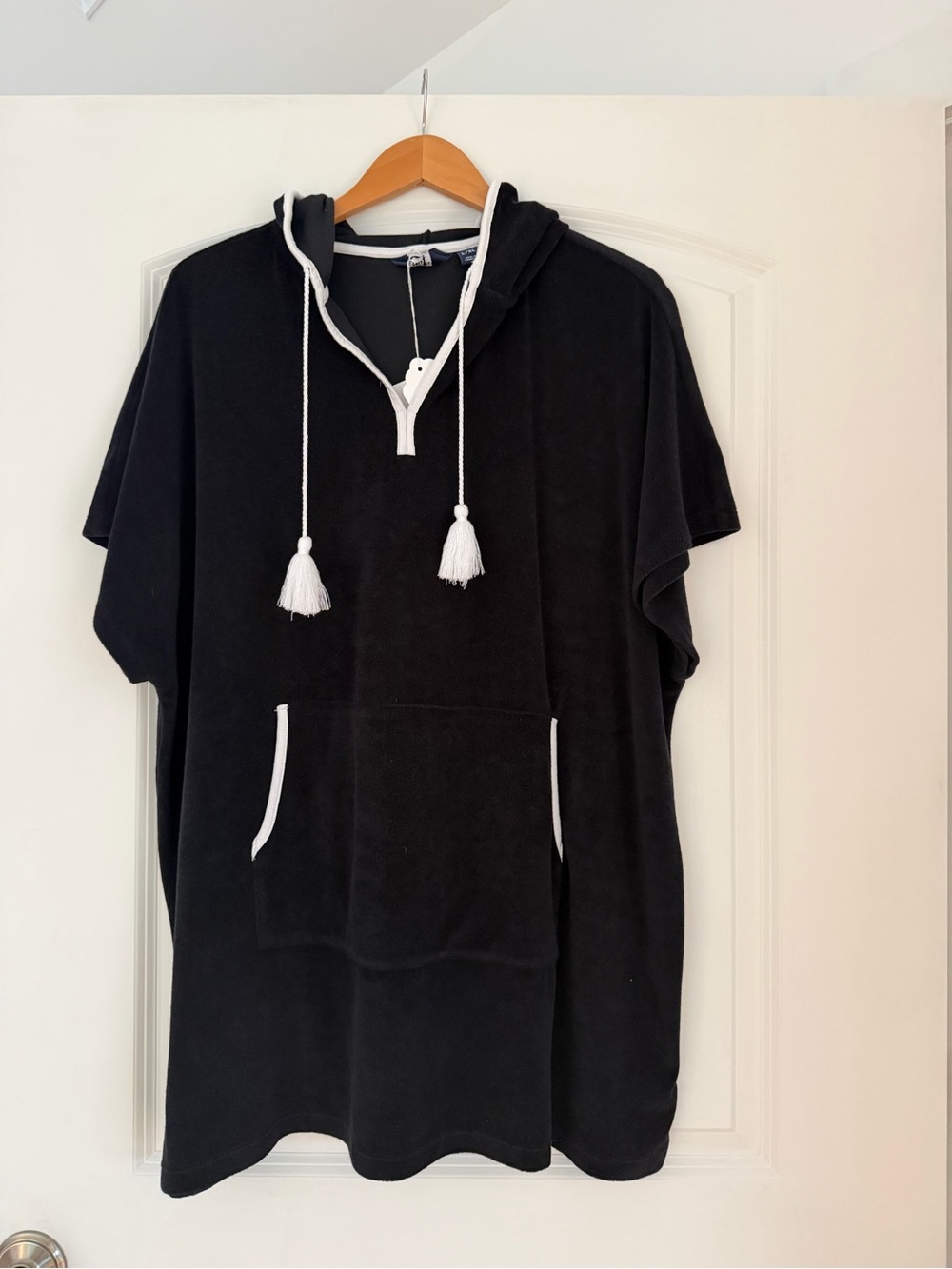 Lands' End Black Hooded Swim Coverup with White Tassel Drawcords